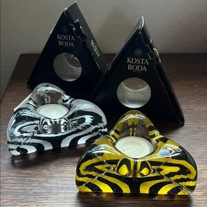 Kosta Boda "Piece of Cake" Art Glass Candle Holders, Signed Pair w/ Boxes